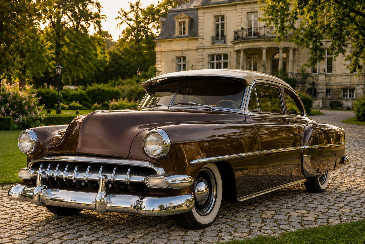 Brauner Chevrolet Bel Air aus den 1950er-Jahren vor einer eleganten Villa