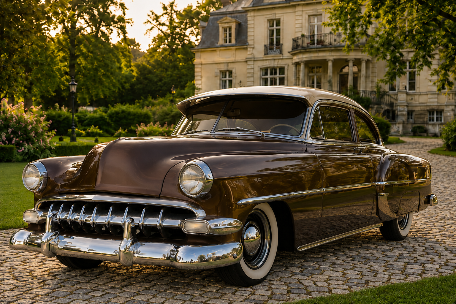Chevrolet Bel Air vor einer Villa, schräg von vorne