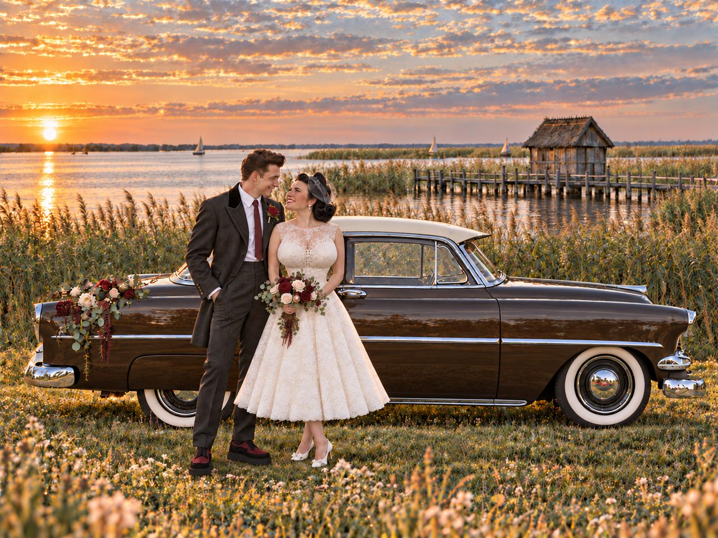 Brautpaar mit Chevrolet Bel Air und burgunderrotem Blumenschmuck an einem See