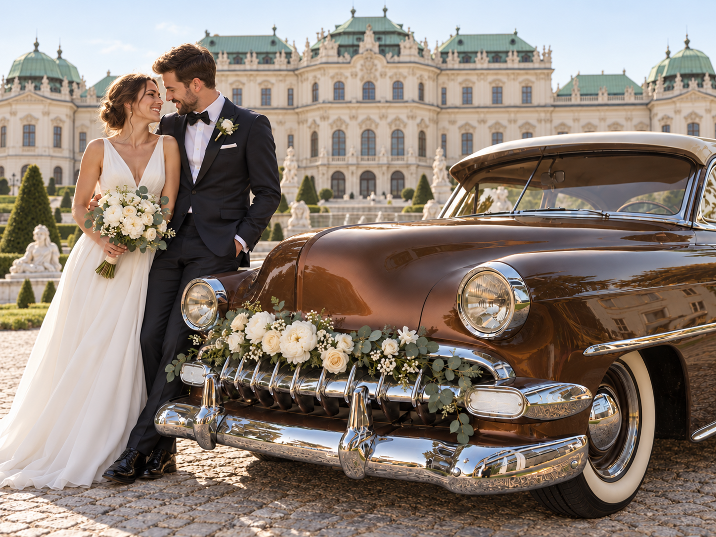 Brautpaar mit Chevrolet Bel Air und weißem Blumenschmuck vor einem Wiener Palais