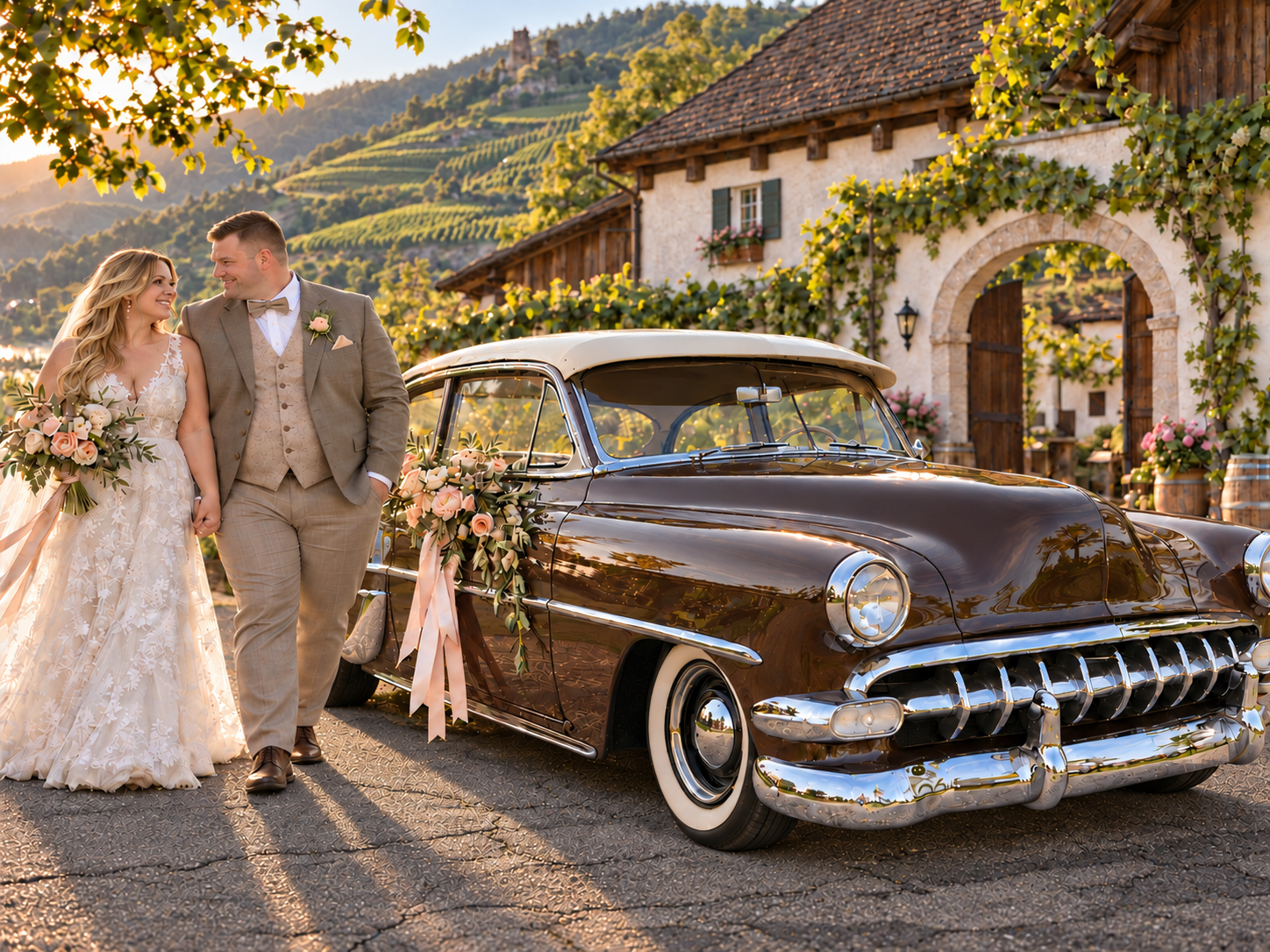 Brautpaar mit Chevrolet Bel Air und roséfarbenem Blumenschmuck auf einem Weingut
